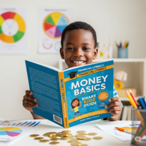 A little kid smiling and holding up a book titled Money Basics